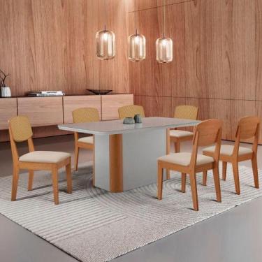 Imagem de Mesa De Jantar Isadora 180cm Tampo Mdf Vidro Com 6 Cadeiras Veludo Cre