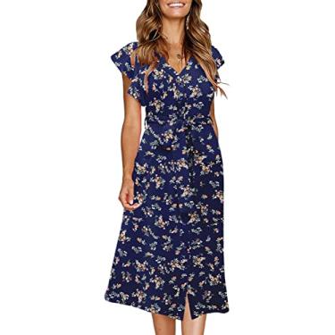 Imagem de MITILLY Vestido feminino Boho de bolinhas esvoaçante manga curta gola V botão para baixo vestido midi com bolsos, Floral azul-marinho, M