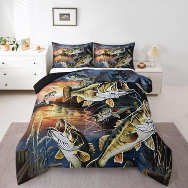Imagem de Erosebridal Jogo de cama King com tema de pesca, peixe lúcio de robalo grande, para crianças, meninos, homens, conjunto de cama com colcha, casa de lago, vintage, decoração de quarto de pescador, 2