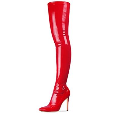 Imagem de CAMSSOO Botas femininas cano alto bico fino com zíper lateral couro envernizado PU salto alto sobre o joelho botas de festa, Vermelho, 9 Narrow