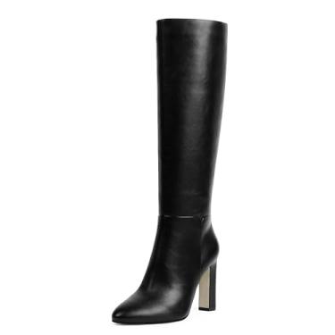 Imagem de VIUGJNEX Botas de cano alto femininas bico amendoado bloco grosso salto alto botas altas, Preto, 38