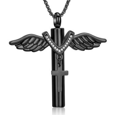 Imagem de Joias de cremação para cinzas – Colar de urna com cruz, joia memorial de asa de anjo para cinzas, mini urnas de lembrança, pingente para homens e mulheres, Aço inoxidável, Diamante