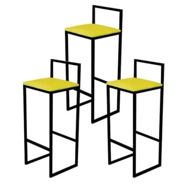 Imagem de Jogo 3 Banqueta Alta Cozinha Bar Balcão Bistrô Industrial Preta Estofado Amarelo