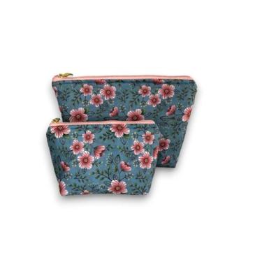 Imagem de Kit de Necessaire Grande e Pequena - DaniBordados, Azul escuro com flo