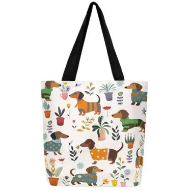 Imagem de Sacola de lona de presente para amantes de plantas em vaso de dachshund de desenho animado para adultos, adorável bolsa de ombro para cachorro, para compras, academia