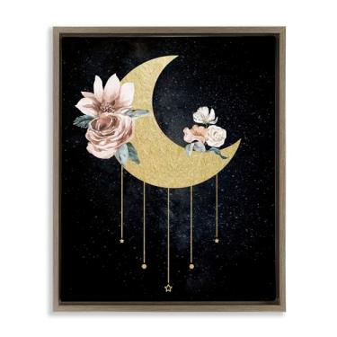 Imagem de Stupell Industries Design de arte de parede em tela flutuante marrom com detalhes glamourosos lua com rosas por Daniela Santiago, 53 x 43 cm