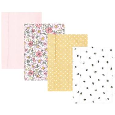 Imagem de Luvable Friends Hudson Baby Conjunto de 4 panos de flanela para arrotos, Rosa e amarelo floral, 14x20 inches