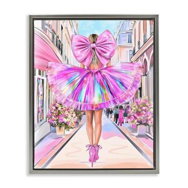 Imagem de Stupell Industries Design de arte de parede em tela flutuante com laço rosa prismático e vestido cinza por Jess Stempel, 78 x 63 cm