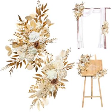 Imagem de Flores de arco de casamento, flores de arco realistas com clipes e laços seda e plástico de baixa manutenção, 2 peças, cor champanhe, decoração de casamento para sinal de boas-vindas, pano de fundo