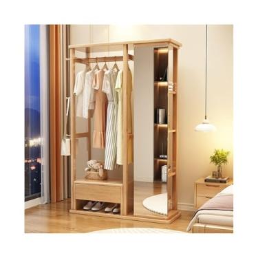 Imagem de Cabide de madeira maciça para cabide de madeira maciça, espelho para vestir, quarto, piso rotativo, multifuncional com gaveta, sapateira (madeira)