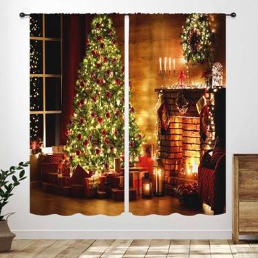 Imagem de Cortinas para sala de estar, lareira de inverno, presentes de Natal estampados, decoração de ano novo, para quarto, cozinha, banheiro, janela, 2 painéis, 106 x 113 cm
