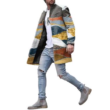 Imagem de Casaco De Tweed Masculino Com Estampa Masculina Stand Up Collar Casaco Masculino Casaco Casual Decoração De Bolso Casaco Longo Jaqueta Masculina Com Botão Frontal, XLDY-02, S