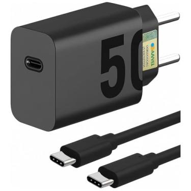 Imagem de Carregador Premium Fast Turbo Rápido 50W Tipo C USB-C Power Delivery Quick Charge Bivolt Com Cabo Compatível iPhone 15, 16, Android Entrada Tipo C Carga Ultra Rápida Tomada Celular Original