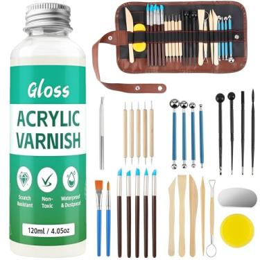 Imagem de Esmalte de argila seca a ar de 120 ml com kit de ferramentas de argila de 29 peças, kit de argila de polímero brilhante e verniz de argila, kit de ferramentas de cerâmica para esculpir, modelagem