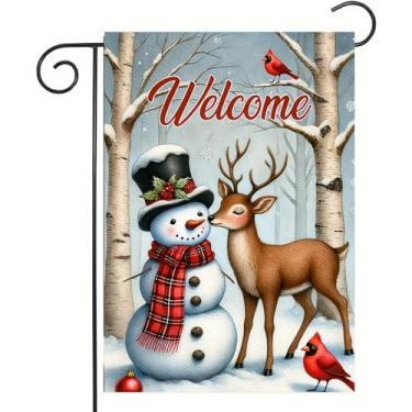 Imagem de Bandeira de Natal, boneco de neve, jardim, 30,5 x 45,7 cm, dupla face, poliéster, vertical, Natal, inverno, boneco de neve e rena, decorações de férias, quintal, gramado, faixa decorativa ao ar livre