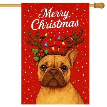 Imagem de BlissYard Feliz Natal, bandeira de jardim, buldogue francês, chifres de rena, 71 x 101 cm, dupla face, boas-vindas, banners de quintal grandes para amantes de cães, varanda, casa, exterior, inverno