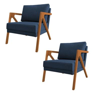 Imagem de Kit 2 Poltronas Mona Luxo Base Madeira Maciça Linho Azul