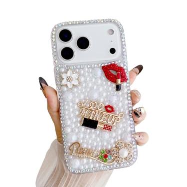 Imagem de iFiLOVE Capa para celular 17 Pro Max Bling Diamond Pearl, batom 3D, fofo, luxuoso, brilhante, cristal, strass, flor, beijo, lábios, grily, capa para celular para meninas, mulheres e crianças