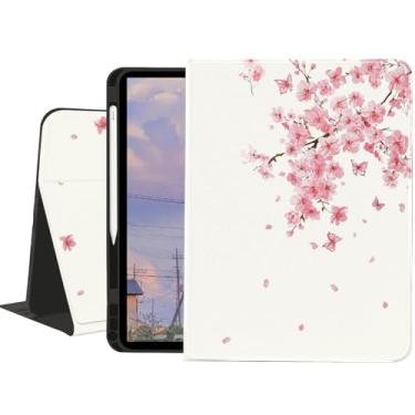 Imagem de Capa de flor de cerejeira para iPad Air de 13 polegadas (M3) 2025/(M2) 2024/iPad Pro 12,9 polegadas 2022/2021, capa fólio texturizada floral com suporte para lápis, visão multiangular, suporte
