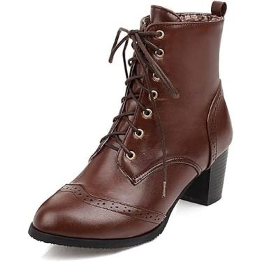 Imagem de Moda Empilhada Salto Grosso Plataforma Ankle Booties Brogues Sapatos Femininos Lace Up Derby Boots, Black, 4.5 UK