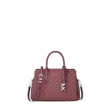 Imagem de Michael Kors Bolsa pequena Laila, ferragens prateadas/tonal MK Signature Coated Twill/Oxblood