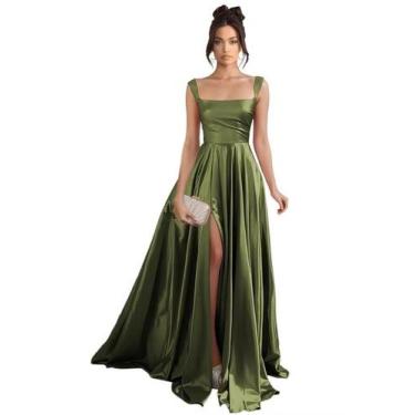 Imagem de Vestido de baile Stylefun verde oliva acetinado A Line com fenda com b