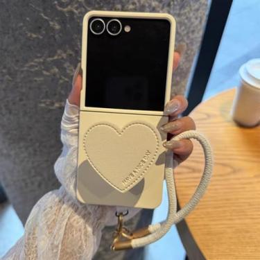 Imagem de Capa de celular com alça de pulso e suporte de coração para Samsung Z Flip6 ZFlip5 ZFlip4 3 capas de luxo, branca, para Samsung Z Flip 5