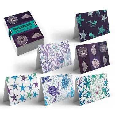 Imagem de Pacote com 50 caixas de cartões comemorativos para todas as ocasiões, 10 x 15 cm, 50 cartões de nota em branco sortidos e 50 envelopes, 6 designs de vida marinha, em branco por Better Office Products, pacote com 50