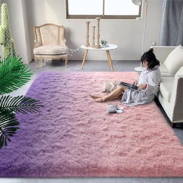 Imagem de DweIke Tapetes infantis fofos de luxo para sala de estar, quarto, 20 x 25 cm, grande, felpudo rosa e roxo, para meninas e meninos, tapete felpudo de pelúcia antiderrapante e lavável para decoração de