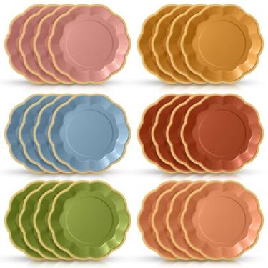 Imagem de Tiangrid 72 peças de pratos de papel colorido de flores silvestres de 22 cm verde azul laranja gradiente de papel recortado, pratos de sobremesa descartáveis para jantar de aniversário, casamento