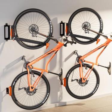 Imagem de Suporte de parede giratório para bicicleta com 2 unidades, cabides para garagem, suporte vertical para bicicleta que economiza espaço, comporta até 35 kg, suporte de parede para bicicleta, sem