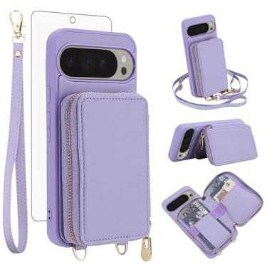 Imagem de Capa de celular para Google Pixel 9 Pro XL carteira celular com protetor de tela de vidro temperado, alça transversal, suporte para cartão de crédito com bloqueio de RFID, Pixel9 9Pro 9ProXL, nove