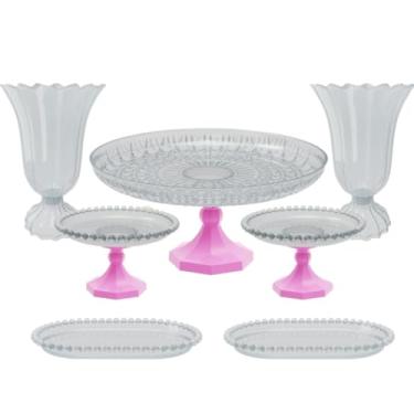 Imagem de Kit Cristal boleira lapidada 24x11+2 vasos popi+2 mini boleiras perola+ 2 bandejas perola 20x13 cm(RS - ROSA CLARO)