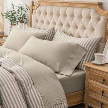 Imagem de PURE ERA Conjunto de lençóis de malha jersey 3 peças 100% algodão mesclado super macio confortável respirável cabe em colchões de até 50,8 cm bolso extra profundo (bege escuro, solteiro GG)