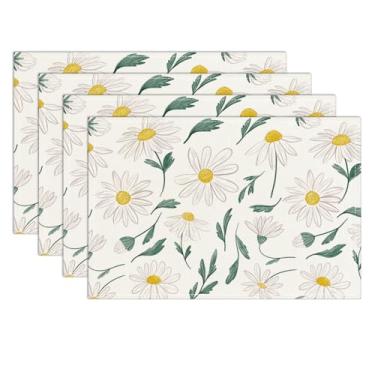 Imagem de Conjunto de 4 tapetes de mesa florais com folhas de margarida à prova d'água, jogo americano lavável boêmio, tapetes rústicos de fazenda para decoração interna e externa, decoração de festas, cozinha