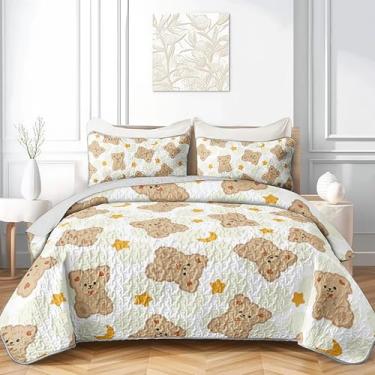 Imagem de AILONEN Colcha acolchoada de urso fofo, tamanho solteiro, conjunto de colcha de urso de pelúcia marrom, 3 peças, capa de cama macia com tema de animal para crianças + 2 fronhas