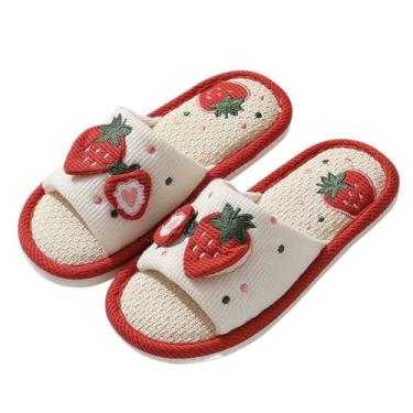 Imagem de Strawberry Pantufas femininas fofas para uso interno e respirável, casa de linho, bico aberto, presente, Vermelho, 8-8.5 Women/6.5-7 Men