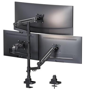 Imagem de Suporte de monitor triplo para telas de 17 a 35 polegadas - Suporte de mesa de braço de monitor triplo resistente para monitores Ultrawide, ajuste total, carga máxima de 12 kg por tela, VESA 75 x 75