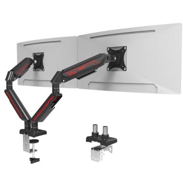 Imagem de Fydeamer Suporte de monitor duplo para telas de 17 a 35 polegadas de até 11 kg, braço de monitor ajustável de movimento completo com braçadeira C e base de ilhós, suporte ergonômico resistente para