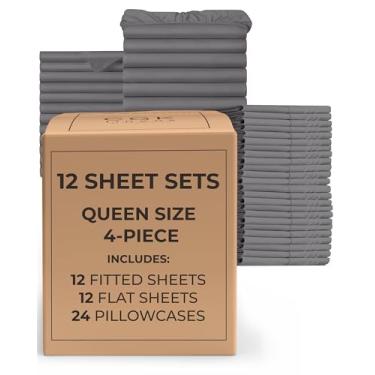 Imagem de Pacote com 12 conjuntos de lençóis - (12) conjuntos de lençóis completos - roupa de cama queen a granel - pacote de capas de atacado para hotéis, spa e Airbnbs - bolso profundo e sem rugas -