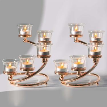 Imagem de Kolnlala 2 peças de castiçais dourados com 5 braços de metal e vidro para mesa de centro de mesa, suportes de vela votivos de vidro/castiçais de candelabro para casamento, festa, aniversário, Natal