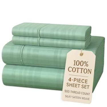 Imagem de Casa Platino Jogo de lençol solteiro 100% algodão - 4 peças (1 lençol plano, 1 elástico, 2 fronhas) - Listrado 500 fios - Lençóis de cama de cetim ultra suave com bolsos profundos de 38 cm - Jogo de