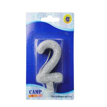 Imagem de Vela De Aniversario Numero 2 Prata Glitter 7Cm