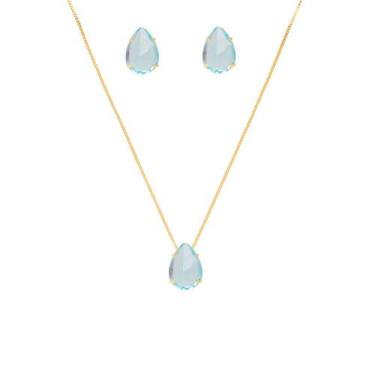 Imagem de Conjunto Colar E Brinco Gota Pedra Azul Claro Folheado Ouro - MLN