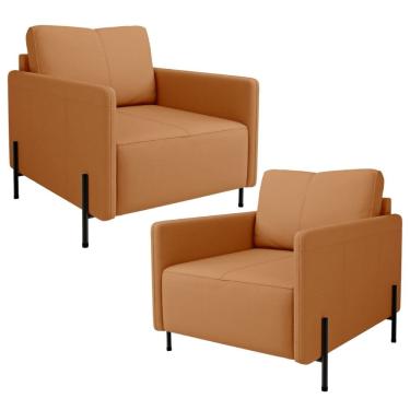 Imagem de Kit 2 Poltronas Decorativa Para Sala Living Pés Industrial Domani L06 Couro Caramelo - Lyam Decor