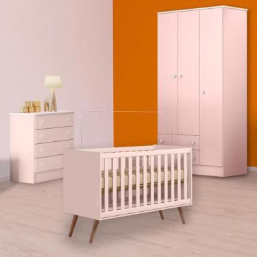 Imagem de Infantil Berço Mini Cama Retrô, Cômoda e Guarda Roupa Rosa - Qmovi