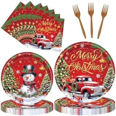 Imagem de Conjunto de 96 peças de utensílios de mesa de Feliz Natal – Artigos de festa descartáveis com tema de caminhão vermelho e boneco de neve com pratos de papel, guardanapos e garfos para jantares de