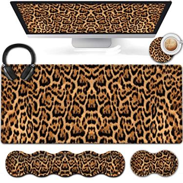 Imagem de Mouse pad estendido para jogos 80 x 31,8 cm, suporte ergonômico para descanso de pulso, para laptop doméstico, escritório, mesa com base antiderrapante, mouse pad grande com estampa de leopardo marrom