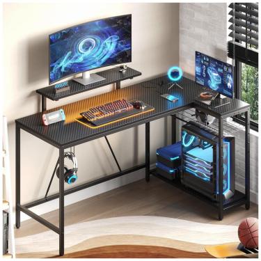 Imagem de Mesa Gamer de Fibra de Carbono 58&quot; 147 cm com Luz LED, Tomadas, Prateleiras, Gancho para Fone de Ouvido e Portas USB, 110V, Bestier, Preto