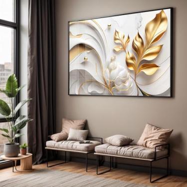Imagem de Quadro com Moldura e Acrilico Cristal Vidro Sala Quarto Folhas Douradas Abstrato Arte Decorativo Horizontal Grande Hall